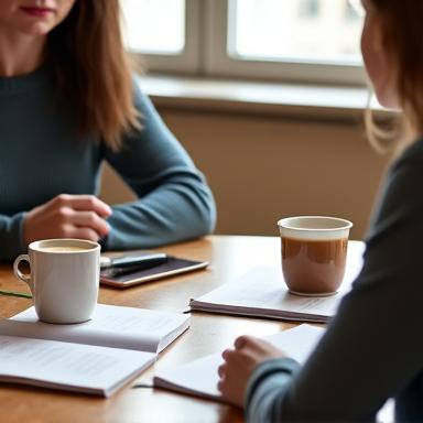 Two people having a friendly discussion over coffee with notebooks.