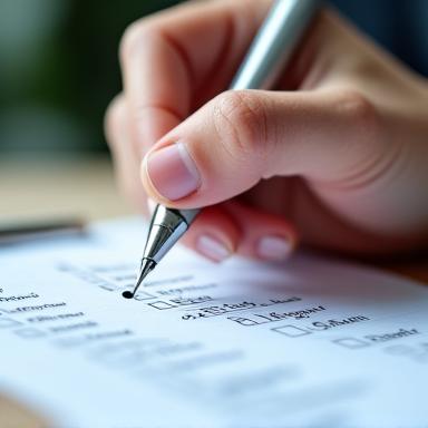 A hand ticking off items on a detailed wedding planning checklist.