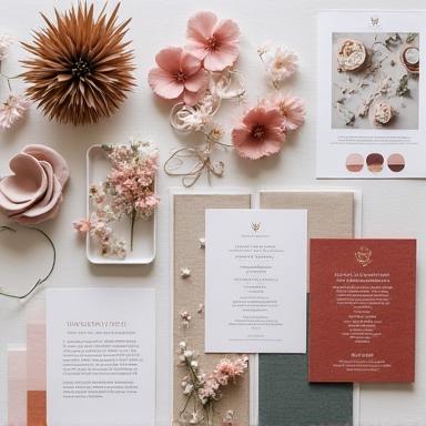 An elegant moodboard with color palettes and inspiration photos for a wedding.