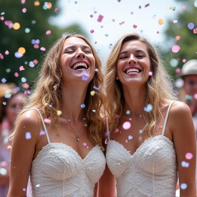 A happy couple celebrating under a shower of confetti.
