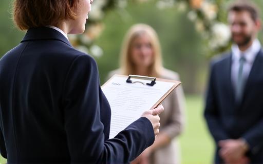 A wedding coordinator checking a clipboard schedule during a wedding ceremony.