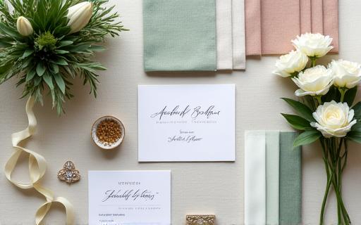 A detailed wedding planning moodboard with fabric swatches, floral samples, and venue photos.