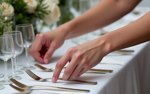 A wedding planner styling a tablescape with elegant cutlery and florals.